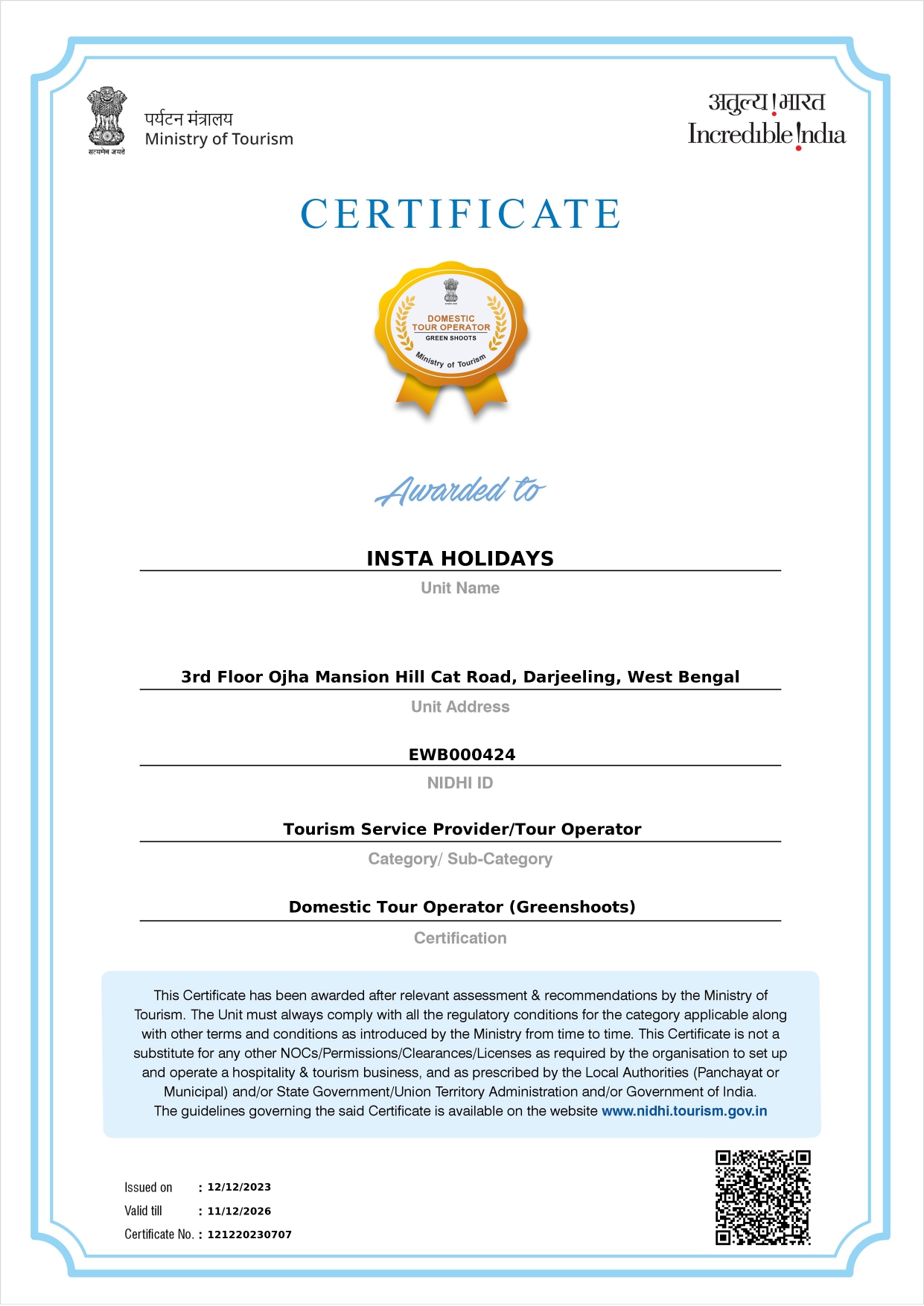 Certificate of Insta Holidays